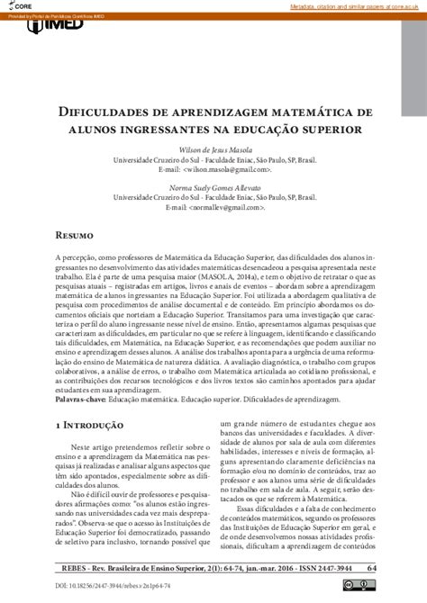 Pdf Dificuldades De Aprendizagem Matemática De Alunos Ingressantes Na Educação Superior