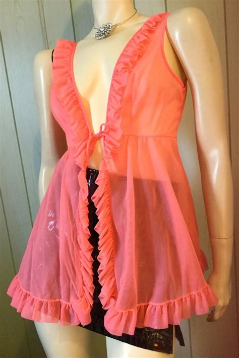 Vintage Mod S Neon Peachy Ruffle Sheer Chiffon Double Nylon Babydoll