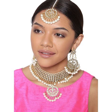 Zaveri Pearls Gold Tone Kundan And Pearls Choker Necklace Earring And Maangtikka Set Zpfk8286