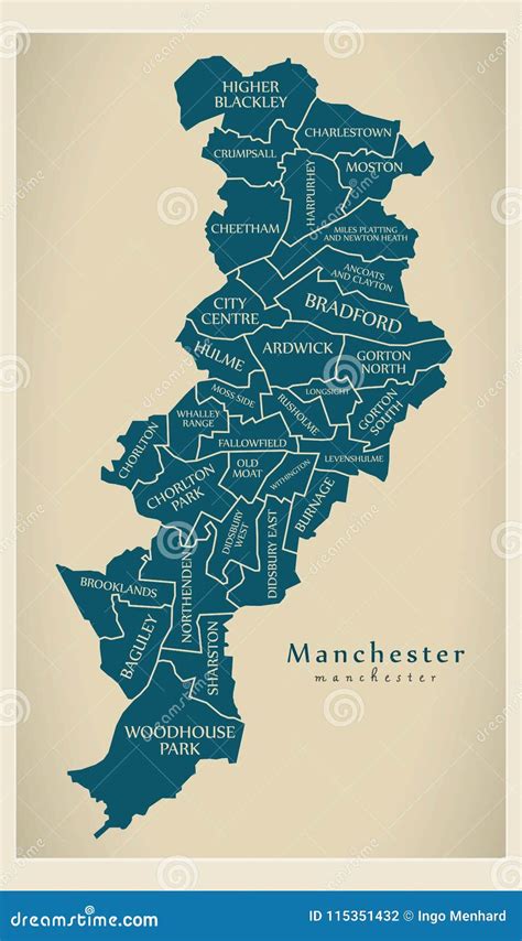 Modern City Map Manchester City Of England With Wards And Titles Uk