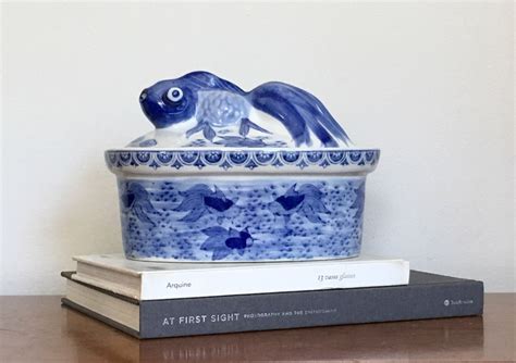 Vintage Chinese Blue White Dish Koi Fish Ceramic Lidded Bowl Asian