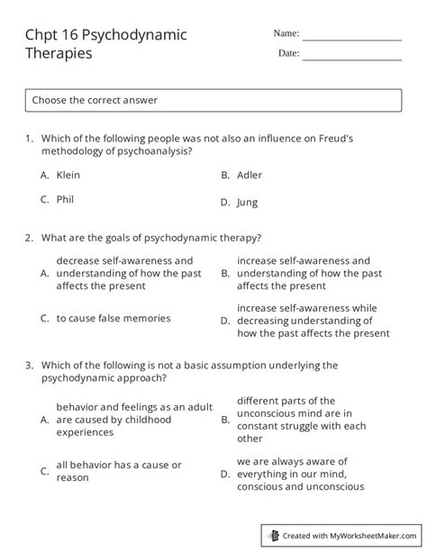 Chpt 16 Psychodynamic Therapies My Worksheet Maker Create Your Own Worksheets