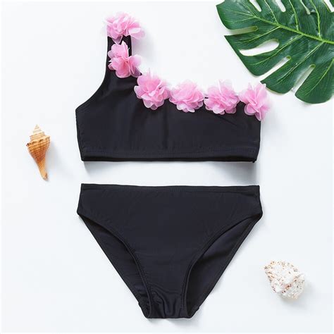 Meisjes Bloemen Een Schouder Bikini Badpak Set Vicedeal