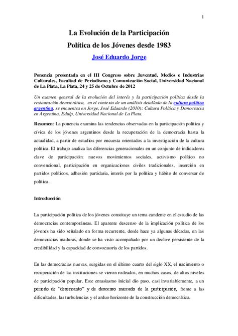 Pdf La Participación Política De Los Jóvenes En Argentina 1983 2011 José Eduardo Jorge