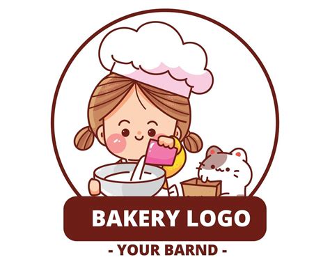 Cute Girl Bakery Logo Homemade Hand Drawn Cartoon Art Illustration