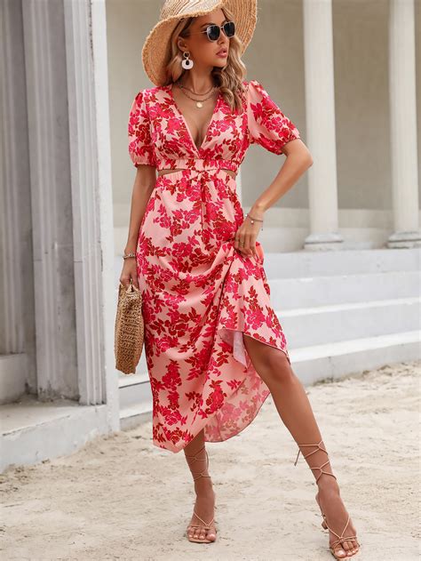 Shein Vcay Floral Print Plunging Neck Puff Sleeve Dress Shein Usa