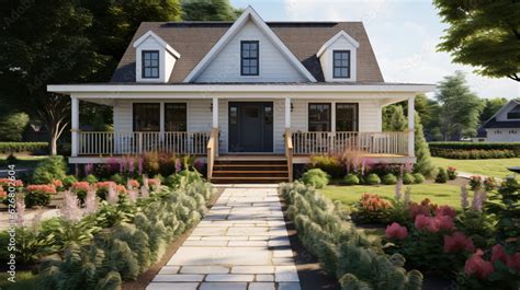 Cute farmhouse exterior with front yard flower Stock Photo | Adobe Stock