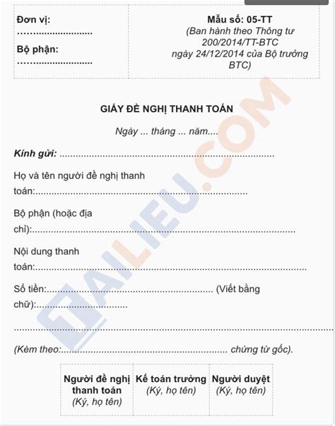 Mẫu Giấy Đề Nghị Thanh Toán Theo Thông Tư 200 Hướng Dẫn Chi Tiết