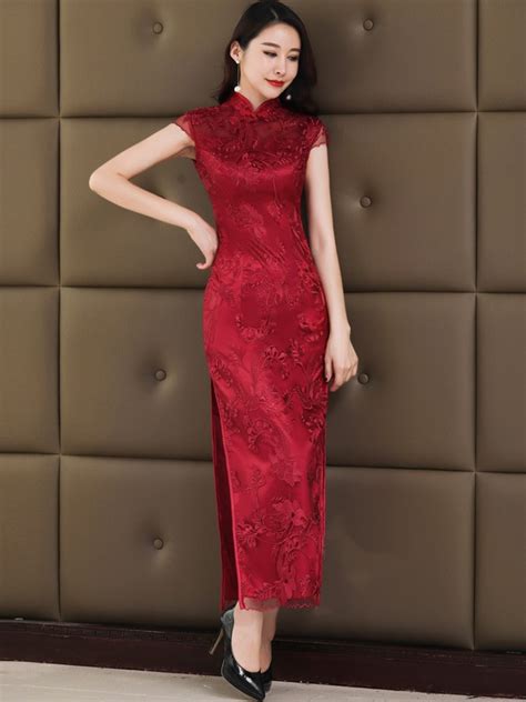 Wine Red Lace Long Qipao Cheongsam Wedding Dress