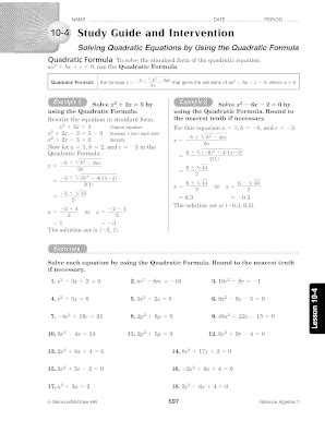 Study Guide And Intervention Quadratic Equations