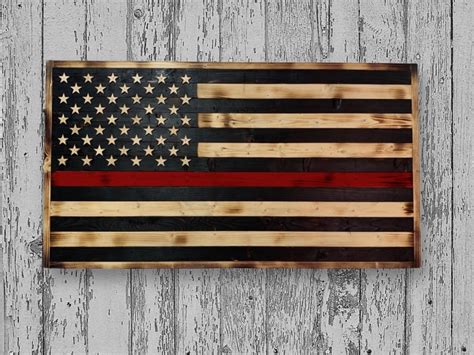 Thin Red Line Flag Wooden American Flag Rustic Wooden American Flag