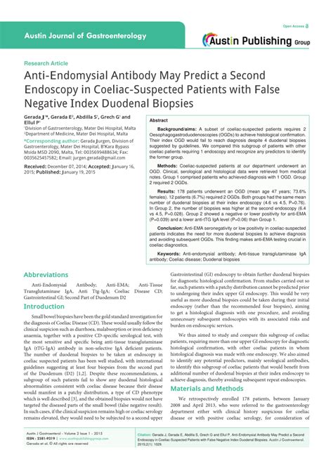 Pdf Anti Endomysial Antibody May Predict A Second Endoscopy In