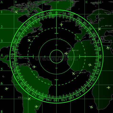 Green Radar Screen Over Map Of The World Stock Vector Illustration Of