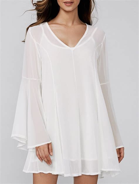 41 Off 2020 Bell Sleeve V Neck Mini Chiffon Dress In White Dresslily