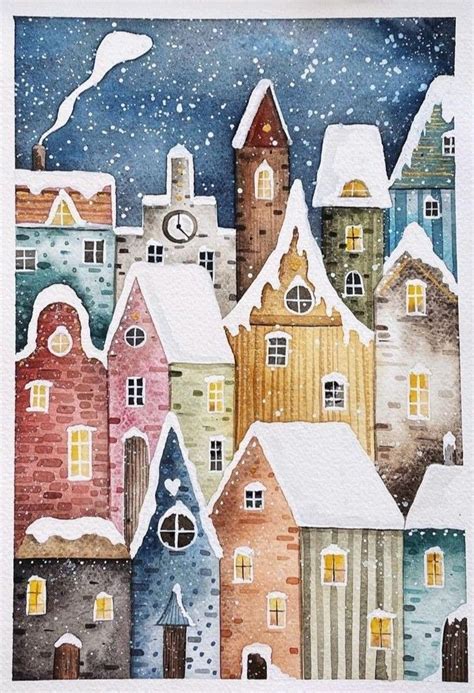 A Watercolor Painting Of Houses In The Snow