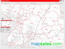 Madison County, IL Zip Code Wall Map Red Line Style by MarketMAPS