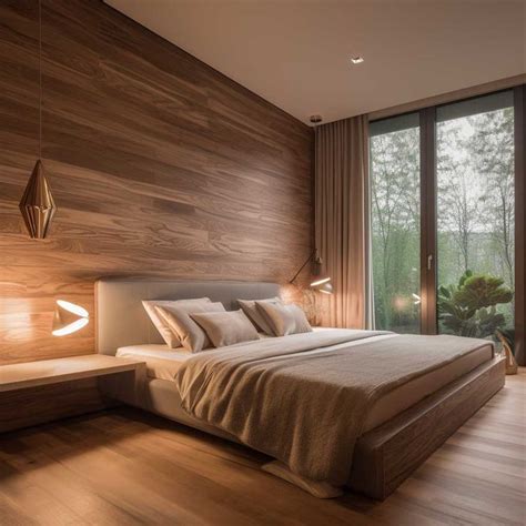 A Large Bed Sitting In The Middle Of A Bedroom Next To A Tall Wooden Wall