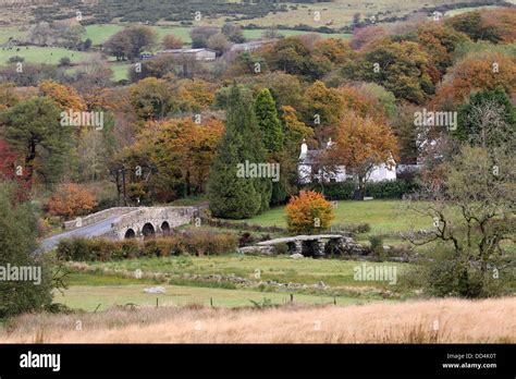 Postbridge Showing Old Clapper Bridge Dartmoor Devon Uk Stock Photo