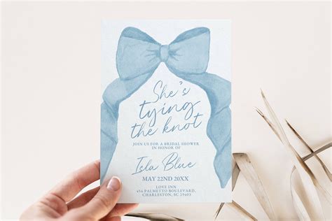 She S Tying The Knot Bridal Shower Invitation Template Coquette Blue Bow Theme Editable Invite