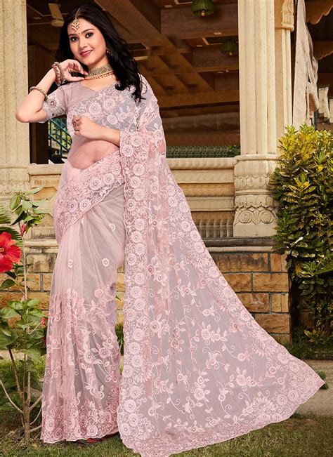 Peach Net Embroidered Sarees Sasun