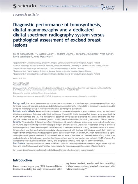 Pdf Diagnostic Performance Of Tomosynthesis Digital Mammography And