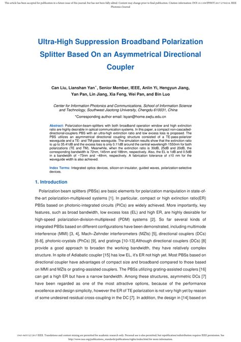 Pdf Ultra High Suppression Broadband Polarization Splitter Based On