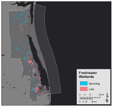 Map showing where freshwater wetlands that exist on the present ...