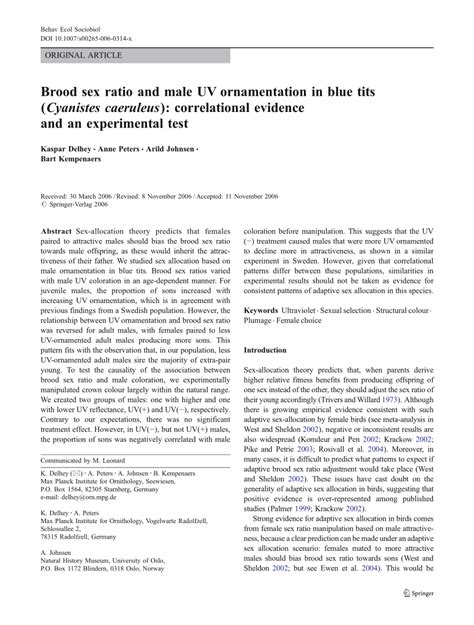 PDF Brood Sex Ratio And Male UV Ornamentation In Blue Tits Cyanistes