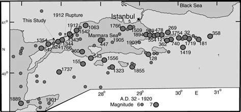 Map of historical earthquakes in western Turkey for about the past two ...