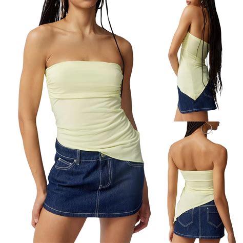 Tsseiatte Women Wrap Chest Tube Tops Solid Color Irregular Hem Boat Neck Strapless Backless Tops