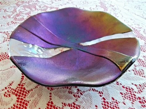 Large Dichroic Fused Glass Plate 10 Bowl Purple Abstract Iridescent Signed Jp Contempory Fused