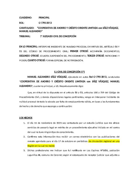 Incidende De Nulidad Por Falta De Emplazamiento Cuaderno Principal