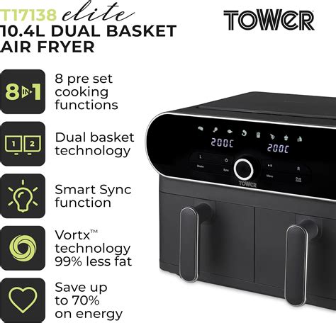 Tower T17138 Vortx Elite 10 4L Duo Basket Air Fryer With Sync Finish