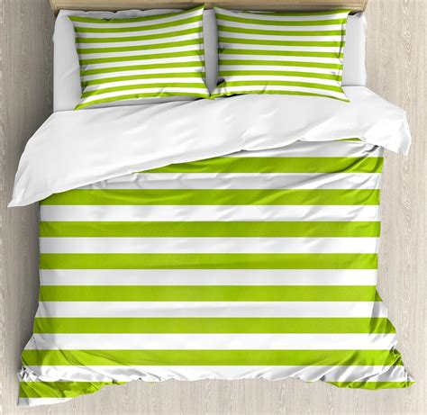 Ambesonne Lime Green Duvet Cover Set Horizontal Stripes Simplistic