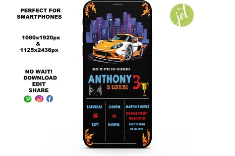 Editable Hot Cars Birthday Invitation Wheels Birthday Digital Invitation Race Cars Invite Kid