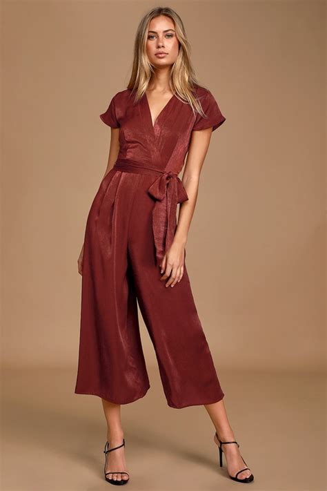 Burgundy Jumpsuit Culotte Jumpsuit Sleek Satin Jumpsuit Lulus