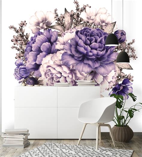 Removable Wallpaper Mural Peel And Stick Purple Peonies Etsy