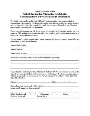 Fillable Online Patient Request For Alternative Confidential