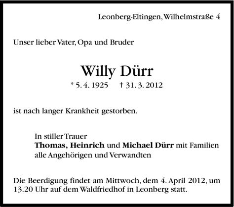 Traueranzeigen Von Willy D Rr Stuttgart Gedenkt De