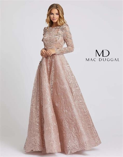 Long Sleeve A Line Floral Applique Gown Long Sleeve Lace Dress Ball