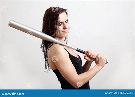 The Woman The Hooligan Holds Baseball Bat Stock Image Image Of