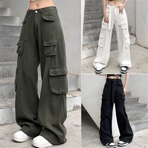 Women Wide Leg Cargo Pants Trousers High Waist Multi Pockets Hip Hop