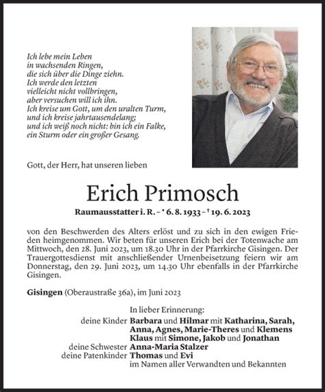 Todesanzeigen Von Erich Primosch Todesanzeigen Vorarlberger Nachrichten