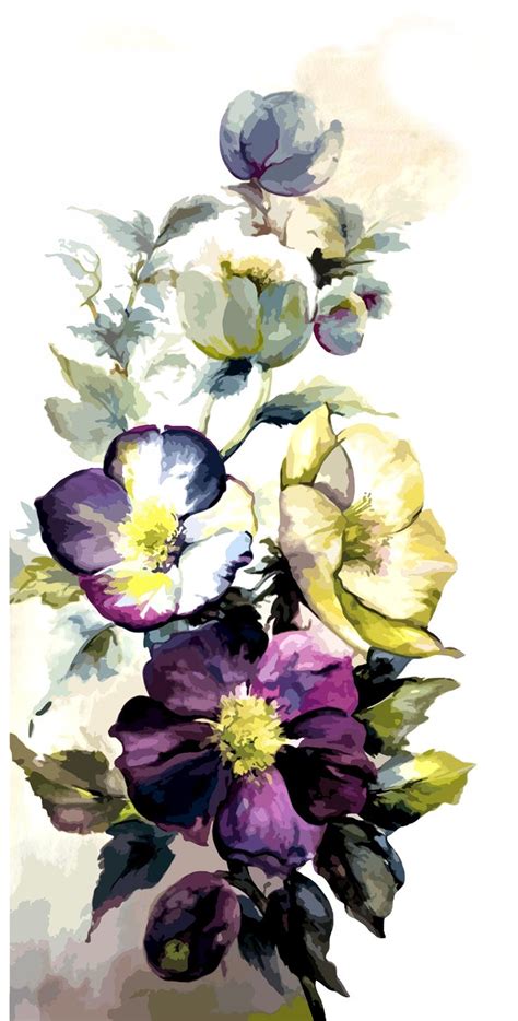 A Painting Of Purple And Yellow Flowers In A Vase