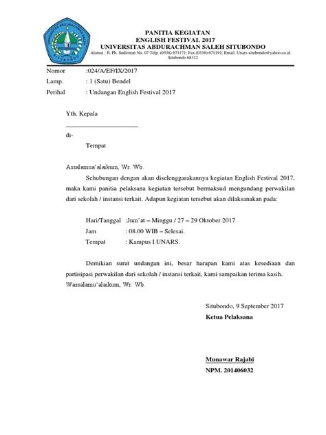 Surat Undangan Resmi Sekolah Lembar Edu