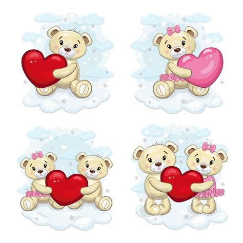 Premium Vector A Set Of Cute Teddy Bears With A Red And Pink Hearts