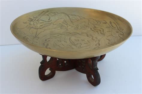 Antique Chinese Brass Bowl With Carved Rosewood Stand