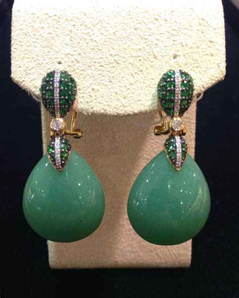 These Pretty Green Aventurine Green Garnet And Diamond Drop Earrings