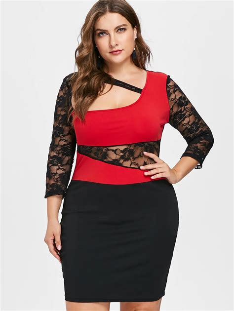 Wipalo Autumn Plus Size 5xl Lace Sleeve Cut Out Bodycon Dress Sexy Skew