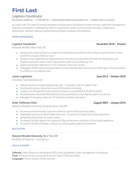 Logistics Coordinator Resume Examples For Resume Worded